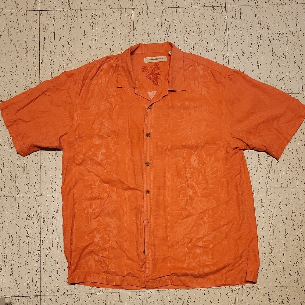 Tommy Bahama Orange Floral Button Down Short Sleeve Casual Dress Shirt